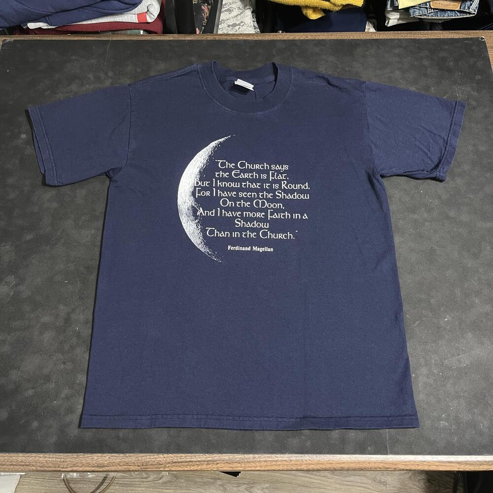 Ferdinand Magellan Flat Earth Moon Shirt Mens Medium Blue Gildan Atheist Science